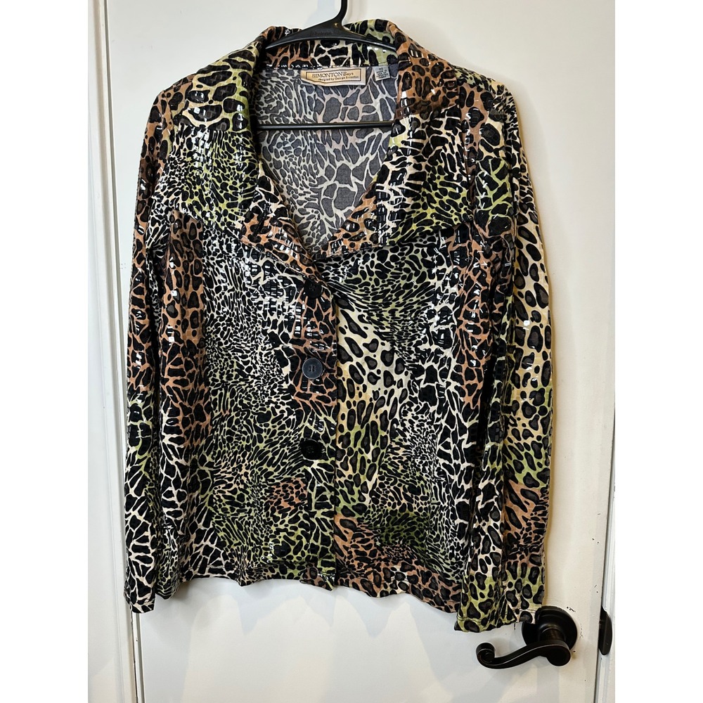 Simonton Says George Simonton Leopard Animal Print Glossy Button Front Jacket XS